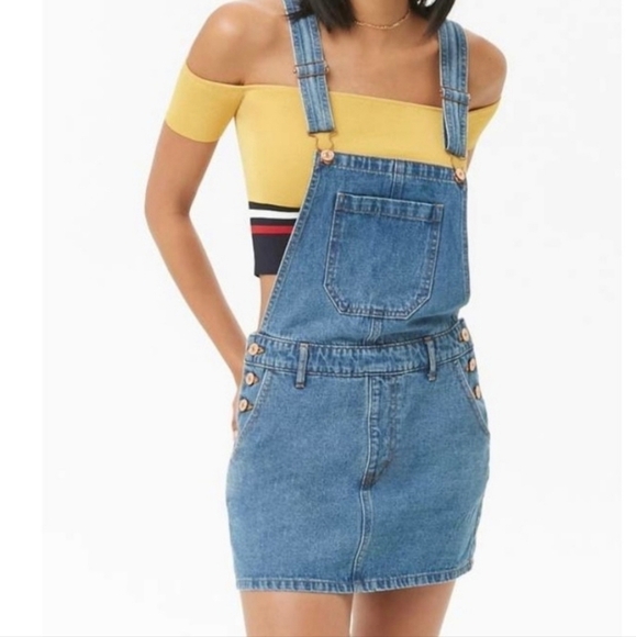 Forever 21 Blue Denim Jeans Overall Mini Skirt Dress Women's Small S Adjustable - Picture 2 of 12